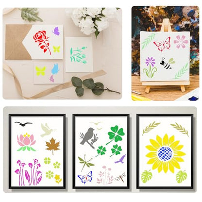 80 Pcs Small Nature Stencils for Painting on Rocks & Wood Slices, 3x3 Inch Reusable Flower Bird Butterfly Stencils, Mini Floral Templates for Crafts, Scrapbooking, Card Making, and DIY Ornaments