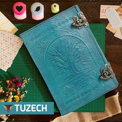 600 Pages Handmade Large Leather Journal Diary Embossed Tree of Life Book Of Shadows Notebook Writing Seven Chakra Grimoire Sketchbook 7 x 10 Leather Bound (Ocean Blue) - color: Ocean Blue