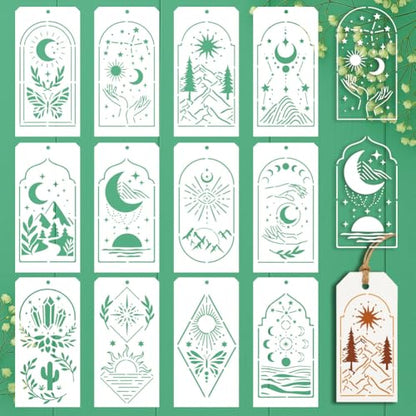12 Sheets Arched Boho Painting Stencils, 12 Styles Mountain Moon Sun Leaf Landscape Drawing Templates Arched Wall Art Templates for Painting on Wall Wood Home Decor - style: Arched Boho Element