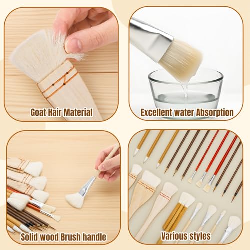 20 Pack Pottery Glaze Brushes, Wool Ceramic Brushes with Wood Handle, Soft Watercolor Goat Hair Blend Mop Brush Set for Acrylic Painting, Watercolor Oil Art Painting