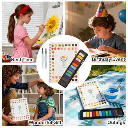 Adult Beginner Art Kit with Coloring Workbook, 12 Color Pigment Paint, Paintbrushes & Brush Washer for Teens Painting