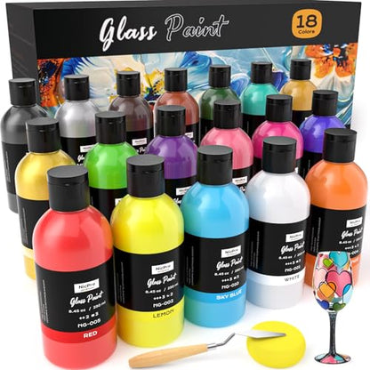 Nicpro 18 Colors Acrylic Glass Paint Set (8.45 oz, 250 ml) Large Bulk Enamel & Ceramic Painting Supplies Kit for Wine Bottle Glass Jars Windows with Sponge & Art Knife, Opaque Gloss Finish - size: 8.45 Fl Oz (Pack of 18)