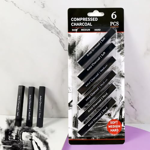 Compressed Charcoal Sticks 6 PCS, Kneaded Rubber Erasers Large Size 2 Pack, Square Vine Charcoal Rod Set of 8 for Back to School DIY Drawing Crafts, Sketching, Shading, Beginners and Artists