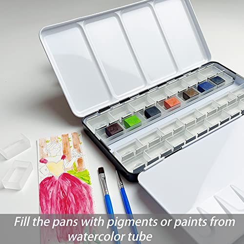 FCLUB Large Watercolor Palette Tin with 28Pcs Watercolor Full Pans | Empty Metal Palette, 28Pcs White Full Pans, Folding Paint Tray, Palette with Lid, Mixing Area for Watercolor, Oils Gouache - style: Tin with 28 Transparent Full Pans