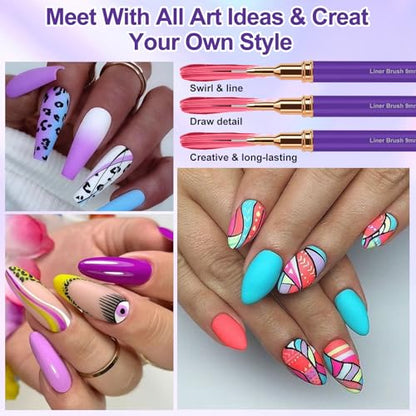 MUIIGOOD Nail Art Liner Brushes, 5Pcs Liner Brush For Nails, Painting Nail Art Brush Set Dotting Drawing Tool for Long Lines, Thin Details, UV Gel Polish Painting, Fine Drawing 7/9/11/15/25mm(Purple) - color: Purple