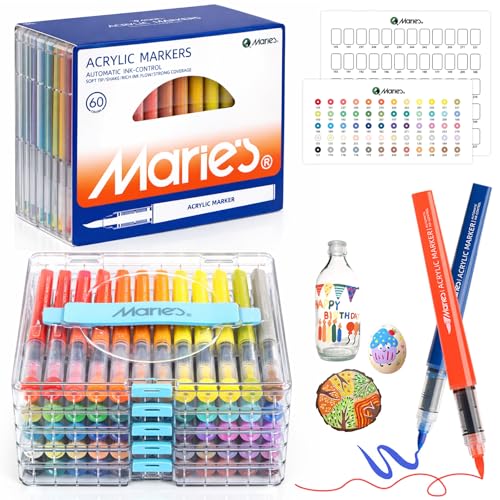 Marie's 60 Colors Acrylic Paint Markers, Water-Based Brush Tip Paint Pens, Clear Organizer Case, Numbered Caps & DIY Swatch Cover — Works on Rock, Wood, Glass, Ceramic, Canvas & Paper - color: 60 Color