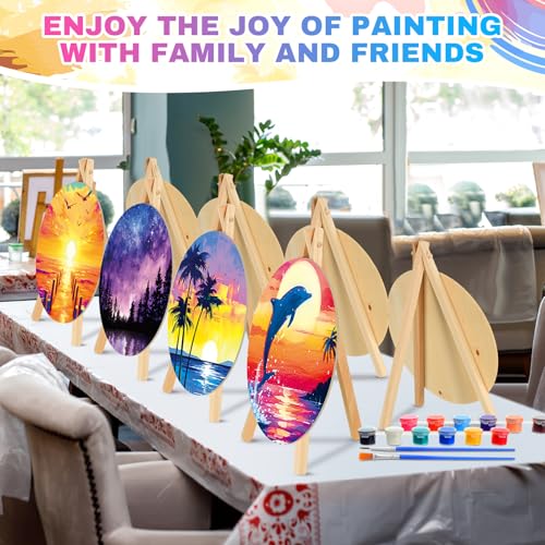 Supervitae 72 Piece Landscape Round Pre Drawn Canvas Kit 5.9" Paint and Sip Kit for Adults Painting Party Pre Printed Canvas DIY with Pictures Paints Easels Brushes for Party Gifts - size: 5.9", style: Landscape