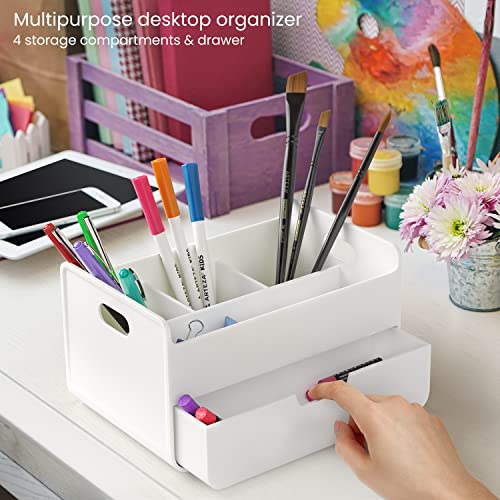 ARTEZA Small Desk Organizer with Drawer – Portable White Caddy with Pen Holder, Lightweight Office Supply Storage for Desk, Classroom, or Dorm - style: 4-Compartment & 1 Drawer