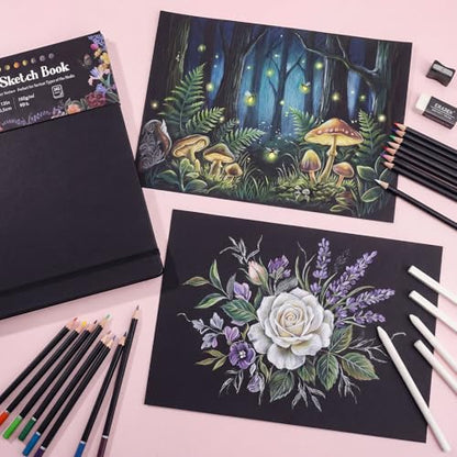 50 Sheets Black Paper Sketchbook 9×12in, 98lb/160gsm Heavyweight Black Sketch Pad, Acid-Free Drawing Paper, Spiral Bound Sketch Book for Kids, Teens, Artist - size: 9×12 Inch (1 Pack)