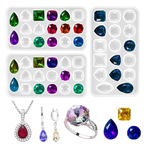 3PCS Gemstone Silicone Mold, Cabochon Gem Jewelry Silicone Mold, Faceted Gemstone Silicone-Molds for Polymer Clay, Resin, Epoxy, Jewelry Casting Molds for DIY Crafting, Earring, Pendant, Necklace