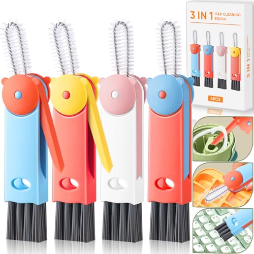 3 in 1 Cup Lid Gap Cleaning Brush, Portable Bottle Lid Cleaner Brush, Multifunctional Cleaning Brush - Home Kitchen Cleaning Tools for Tight Spaces & Bottle Gaps, Red Pink Blue Orange(4 PCS) - color: Red Pink Blue Orange-b