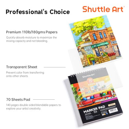 Shuttle Art Marker Pad, 12”x9” Portable Sketchbook, 70 Sheets Marker Drawing Paper, 110LB/180GSM Smooth Surface Bleedproof Art Paper, Spiral-Bound, Great for Artists to Draw, Paint & Sketch - size: 12x9 inch