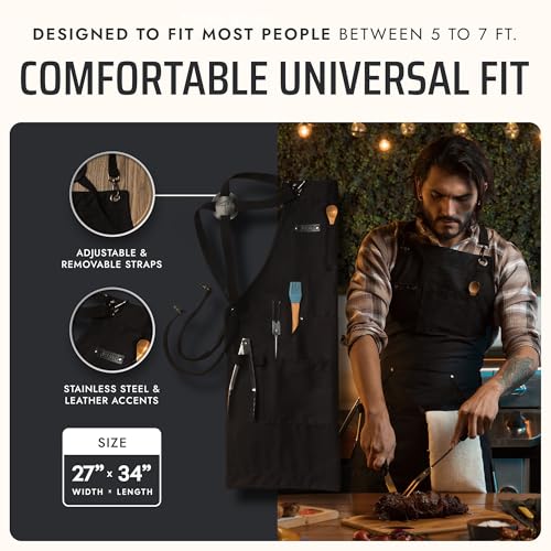 Asaya Chef and BBQ Apron with Bottle Opener and Hand Towel - 10oz Cotton Canvas, Stainless Steel Hardware - Cross Back Straps - color: Black