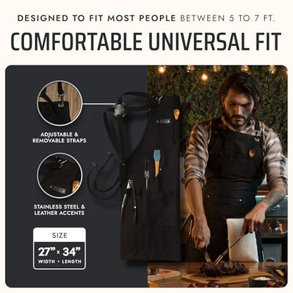 Asaya Chef and BBQ Apron with Bottle Opener and Hand Towel - 10oz Cotton Canvas, Stainless Steel Hardware - Cross Back Straps - color: Black