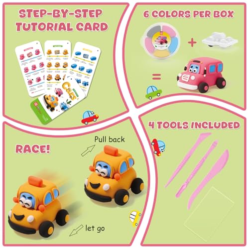 Air Dry Clay Kit for Kids - Pull Back Car Making, 3 Boxes Modeling Clay with Sculpting Tools, Base, Backing Board, Tutorial, Ultra Light & Soft, Non-Toxic & Safe, Creative DIY Arts and Crafts Toys - color: Daily Commuters