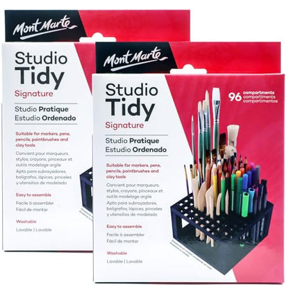 Mont Marte Studio Tidy 2 Pack. 96 Hole Plastic Pencil & Brush Holder for Paint Brushes, Pencils, Markers, Pens and Modeling Tools. Provides Excellent Art Studio Organization.