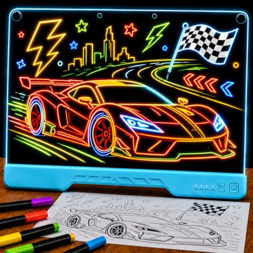 Upgraded 16” LED Drawing Board – Rechargeable, 7 Colors, 10 Light Modes, Adjustable Brightness – Acrylic Light Board for Tracing with Stand, Markers and Full Kit – Birthday Gift Set (Blue) - color: Blue