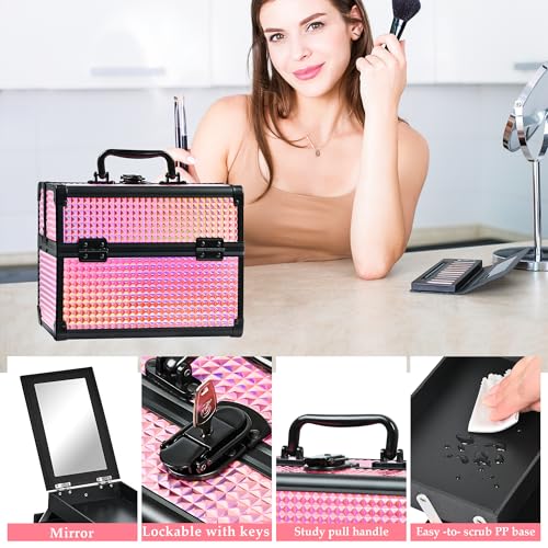 Makeup Case Organizer,Makeup Train Case, Trays Cosmetic Box Portable, Profesional for Salon Barber,Black Bright Pink - color: Black Bright Pink
