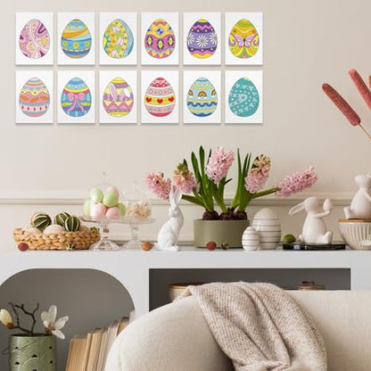 12 Packs Pre Drawn Canvas to Paint, 5" X 7" Easter Eggs Pre Printed Canvas for Kids, Pre Stretched Canvas Outline Painting Boards for Beginners, Students, Party Favor - style: Easter