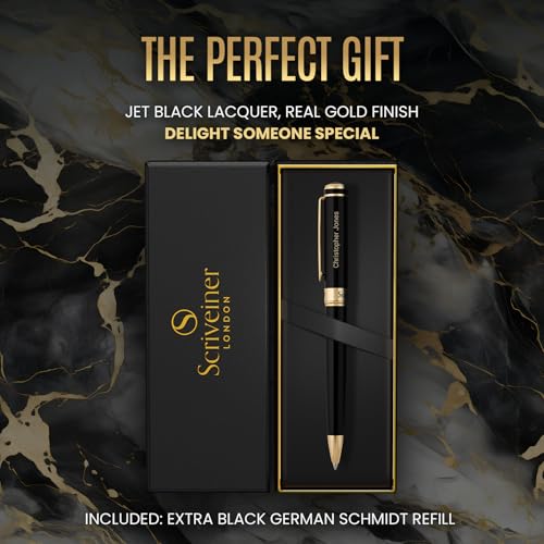 Scriveiner Personalized Black Ballpoint Pen - Stunning Luxury Pen, Jet Black Lacquer, Real Gold Plating, Schmidt Ink Refill, Best Engraved Ball Point Gift Set for Men & Women, Custom Name Engraving - color: 9. Black with Gold (Personalized)