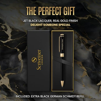 Scriveiner Personalized Black Ballpoint Pen - Stunning Luxury Pen, Jet Black Lacquer, Real Gold Plating, Schmidt Ink Refill, Best Engraved Ball Point Gift Set for Men & Women, Custom Name Engraving - color: 9. Black with Gold (Personalized)