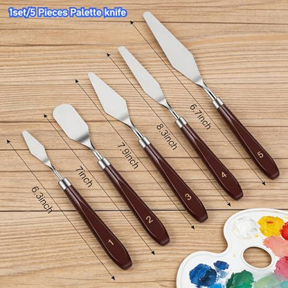 Palette Knife Set, 5 PCS Stainless Steel Painting Knives with Wood Handles for Acrylic Painting, Oil Painting, Canvas Texturing, Mixing, Blending, Impasto, Art Supplies for Artists, Beginners