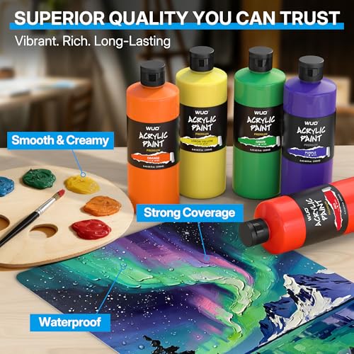 WUO 12 Colors Acrylic Paint Set, 250ml/8.45oz Bottles Acrylic Paint, Large Bulk Rich Pigment, Non-Toxic Waterproof Multi-Surface Painting Supplies for Artists Beginners on Canvas Wood Rock Crafts - color: 12 Colors