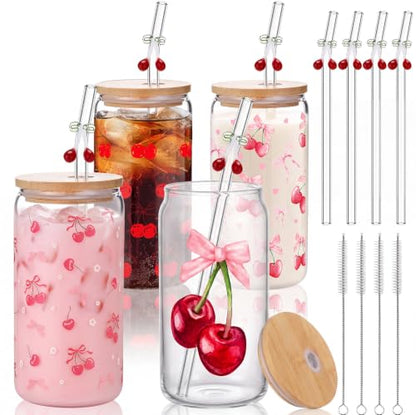 4 Set 16 oz Coquette Bows Glass Cups with Lids and Bows Straws Cleaning Brushes Aesthetic Iced Coffee Cup Reusable Mug for Women Sister Birthday Gift Not Dishwasher Safe(Pink,Cherry) - color: Pink, size: Cherry