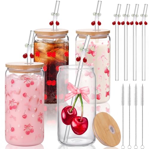 4 Set 16 oz Coquette Bows Glass Cups with Lids and Bows Straws Cleaning Brushes Aesthetic Iced Coffee Cup Reusable Mug for Women Sister Birthday Gift Not Dishwasher Safe(Pink,Cherry) - color: Pink, size: Cherry