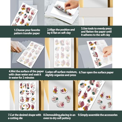 OLYCRAFT 24Pcs Line Rose Clay Transfer Paper 4 Styles Transfer Paper for Polymer Pink Rose Polymer Clay Transfer Sheets Blue Floral Small Transfer Paper for Clay Earrings Jewelry Making - style: Line Rose