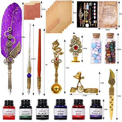 Aifeiter Feather Pen Ink Set, Wax Seal Stamp, Feather Calligraphy Pen, Birthday & (Purple) - color: Purple