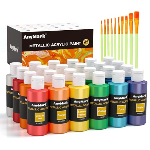 AnyMark Metallic Acrylic Paint, 24 Colors with 10 Brushes, 2 fl oz/60ml Bottles, Glitter Acrylic Paint Set for Adults Canvas, Rock, Wood - color: Metallic, size: 2 Fl Oz (Pack of 24)