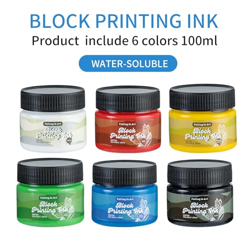 Falling in Art Water-Soluble Block Printing Ink, 6-Color Printmaking Ink Set for Linoleum Block, 3.5 floz