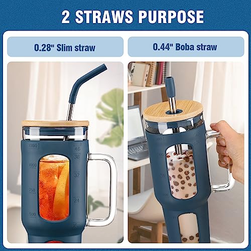 WINSA Glass Tumbler with Lid and Straw, 46 oz Iced Coffee Cup with Handle, Large Water Bottles with Silicone Sleeve, Glass Cup with Straws - Pearl Straw & Drinking Straw BPA Free-Blue - color: Blue, size: 46 Ounces