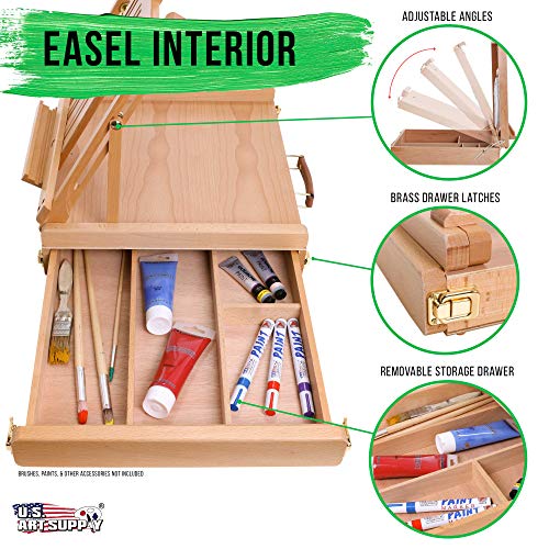 U.S. Art Supply Large Adjustable Wooden Desktop Easel with Storage - Portable Sketchbox, Tabletop Easels for Painting, Drawing & Art Supplies, Premium Beechwood