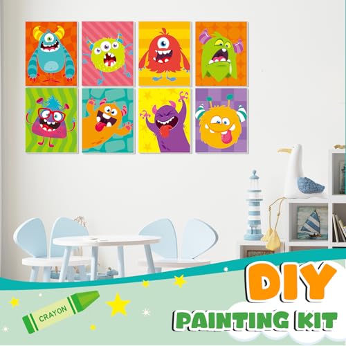 Ireer 12 Set Paint Party Set 8 x 10 Sip and Paint Kit Include 12 Printed Pre Drawn Canvas Panel, Wooden Easels, Palettes, Pots, Apron 36 Brushes for Adult Art DIY Party(Monsters) - style: Monsters