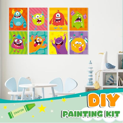 Ireer 12 Set Paint Party Set 8 x 10 Sip and Paint Kit Include 12 Printed Pre Drawn Canvas Panel, Wooden Easels, Palettes, Pots, Apron 36 Brushes for Adult Art DIY Party(Monsters) - style: Monsters