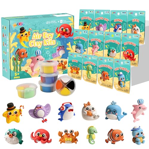 Air Dry Clay Kit, 12 Sea Creature Modeling Clay for Kids, Model Magic Clay with Sculpting Tools and Tutorials, Safe & Non-Toxic, DIY Arts & Crafts School Projects, Home Party Favors for Boys & Girls - color: Clay Sea Creatures Kit