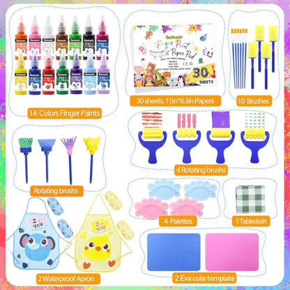 88 PCS Washable Finger Paint Set for Toddlers , 14 Colors Kids Paint Kit with Finger Paint Paper, Brushes, Rolling Tools, Cute EVA Templates, Waterproof Aprons & Palette — Non-Toxic Toddler Painting Set - color: 14 Colors