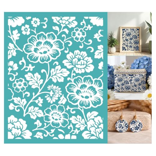 2 Sheets Chinoiserie Peony Floral Silk Screen Stencil, Blue White Porcelain Self-Adhesive Silk Screen Stencils Reusable Mesh Stencil for DIY Crafts, Scrapbooking, Home Decor - style: Chinoiserie Peony