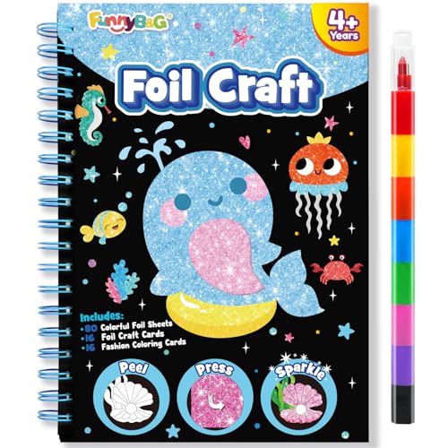 FUNNYB&G Foil Art Craft Kit for Kids 4-10 Years Old: Mess-Free & No-Glue, Create 16 Sparkly Ocean Pictures – Perfect Travel Toy & Birthday Gift for Kids (Ocean) - style: Ocean