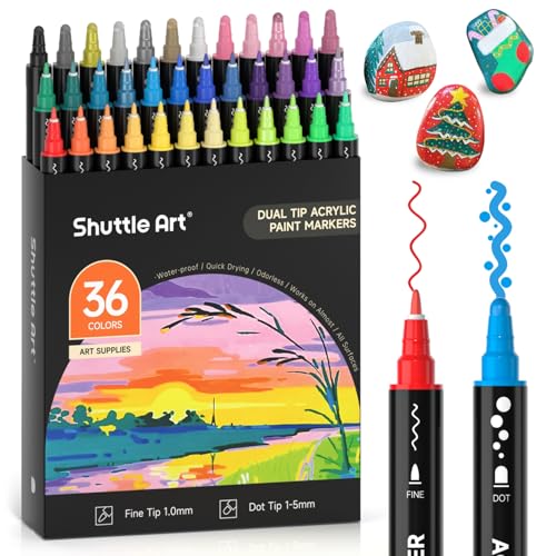Shuttle Art 36 Colors Dual Tip Acrylic Paint Markers, Dot Tip and Fine Tip Acrylic Paint Pens for Rock, Ceramic, Wood, Canvas, Plastic, Glass, Stone, Calligraphy, Card Making, DIY Football Crafts - color: 36 Colors Fine Tip & Dot Tip