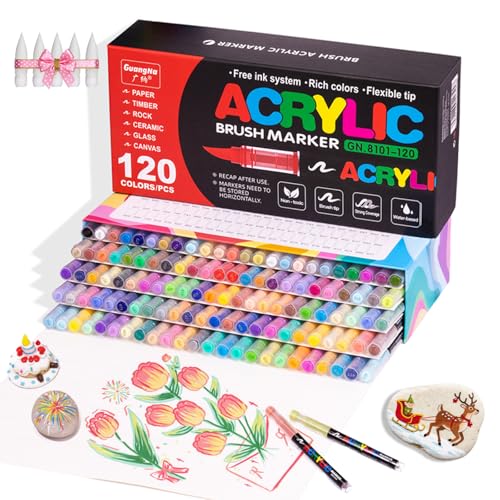 KsopiaVobs 120 Color Paint Markers, Soft Brush Tip Acrylic Paint Pens, Quick-Drying Waterproof Markers for Canvas, Rock, Wood, Stone, Glass, Ceramic, Fabric Painting - color: 120 Color