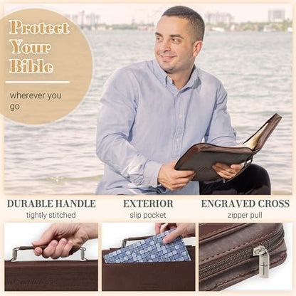 Christian Art Gifts Classic Premium Vegan Leather Inspirational Bible Cover for Men & Women: Names of Jesus, Encouraging Heat-Debossed Scripture, Sturdy Carry Case, Pen Loops, Pockets, Brown, Large - size: Large