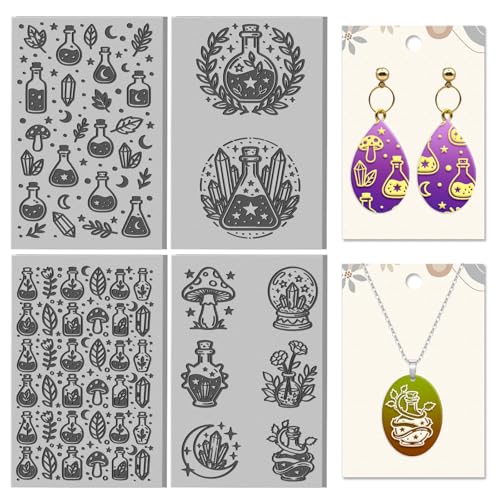 4 Sheets Magic Potions Pattern Clay Texture Mat Mystical Crystals Polymer Clay Texture Sheets DIY Tools for Pottery Earring Jewelry Making Stamp Engraving Machines, 3.9x2.6inch - style: Magic Potions Pattern