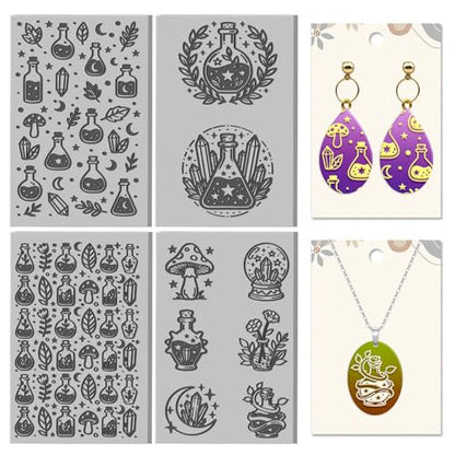 4 Sheets Magic Potions Pattern Clay Texture Mat Mystical Crystals Polymer Clay Texture Sheets DIY Tools for Pottery Earring Jewelry Making Stamp Engraving Machines, 3.9x2.6inch - style: Magic Potions Pattern