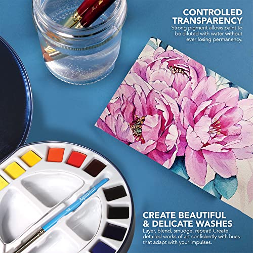 AQUAFINE Watercolour Metallkasten Reise-Dose 18 x 1/2 Näpfchen, 1 Pinsel, 2 Paletten