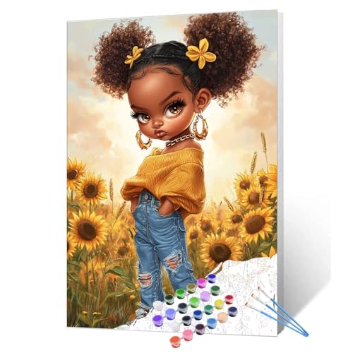 Tucocoo Cool Black Girl Paint by Numbers for Adults Beautiful Sunflowers Field DIY Paint by Number Acrylic Paint Canvas Little Girl Afro Painting Kits Art Home Wall Decor 16x20 Inch (DIY Frame) - color: Artwork-09, size: 16''x20''(DIY Frame)