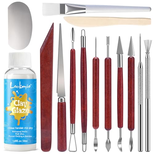 14PCS Clay Sculpting Tools, Complete Pottery Tools with Ergonomic Handles & 1.7FL OZ Air Dry Clay Glaze for Pottery Craft, Carving Ceramics, Molding Polymer Clay – Ideal for Artists, Beginners, Adults