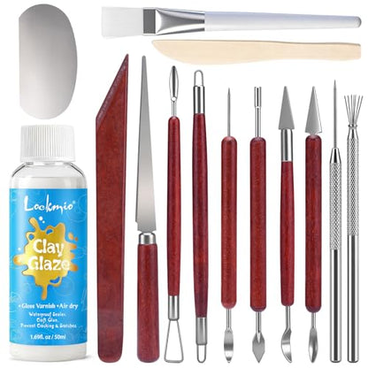 14PCS Clay Sculpting Tools, Complete Pottery Tools with Ergonomic Handles & 1.7FL OZ Air Dry Clay Glaze for Pottery Craft, Carving Ceramics, Molding Polymer Clay – Ideal for Artists, Beginners, Adults